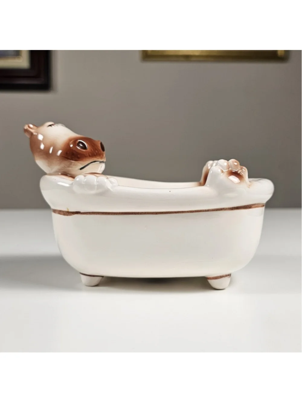 Vintage 1976 Seymour Mann Ceramic Hippo in Bathtub Soap Dish Sponge Holder